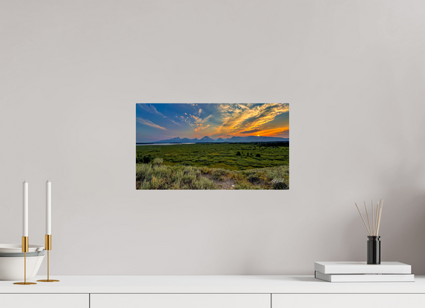 16 x 9″, Metal Sunset on the Tetons